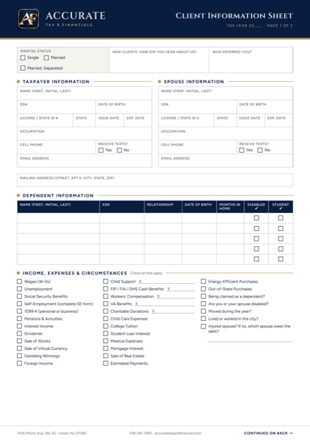 First page of the Client Information Sheet